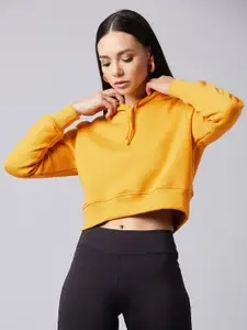 DOLCE CRUDO Women Mustard Yellow Hooded Crop Sweatshirt