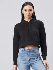 DOLCE CRUDO Women Black Solid Crop Hooded Sweatshirt