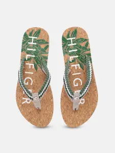 Tommy Hilfiger Women Camel Brown & Green Printed Cork Footbed Beach Thong Flip-Flops