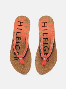 Tommy Hilfiger Women Coral Orange & Camel Brown Print Beach Thong Flip-Flops