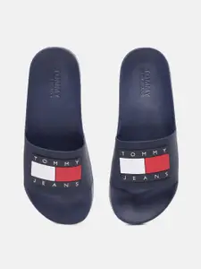 Tommy Hilfiger Jeans Women Twilight Navy Blue Brand Logo Applique Flag Pool Sliders