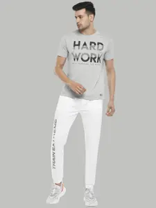 Ajile by Pantaloons Men White & Grey Typography Printed Pure Cotton Slim-Fit Joggers