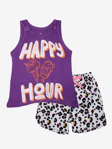 KiddoPanti Girls Purple Happy Hour Printed Pure Cotton T-Shirts & Shorts Set