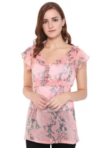 Purple State Pink & Grey Print Georgette Top