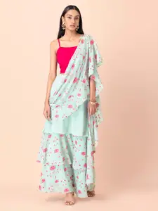 INDYA Women Blue Printed Sea Foam Floral Ruffled Sari Skirt