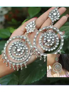 Vembley Silver-Toned Kundan Beads Dangler Hoop Chandbali Earring