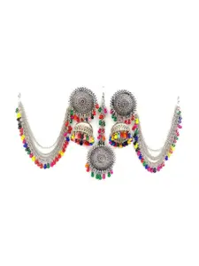 Vembley Silver-Toned & Multicoloured Classic Jhumka Earrings with Maang Tika