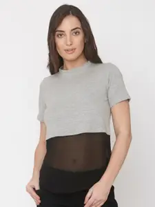 aaliya Grey & Black Colourblocked Georgette T-Shirt Top