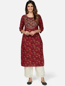 Vbuyz Women Red Printed & Embroidered Straight Kurta