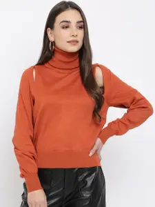 iki chic Women Brown Cold Shoulder Pure Cotton Pullover
