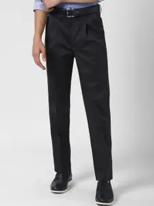 Peter England Casuals Men Black Pleated Pure Cotton Trousers