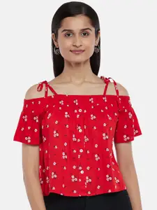 People Red & White Floral Print Bardot Top