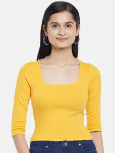 People Women Yellow Solid Pure Cotton Top