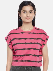 People Pink Striped Extended Sleeves Crop Top