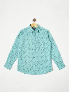 Crimsoune Club Boys Turquoise Blue Floral Printed Pure Cotton Casual Shirt
