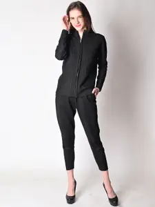 NoBarr NoBarr Women Black Acrylic Cable Knit Zipper Jacket with Jogger Co-Ord Set