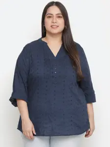 Oxolloxo Navy Blue Mandarin Collar Schiffli Plus Size Shirt Style Top