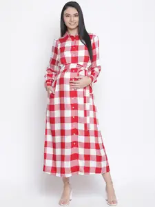 Oxolloxo Red & White Checked Crepe Maternity Shirt Midi Dress