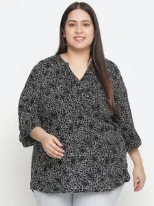 Oxolloxo Plus Size Black & White Floral Print Roll-Up Sleeves Crepe Shirt Style Top