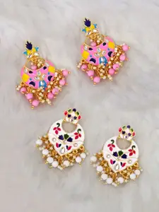 Yellow Chimes Pack Of 2 White & Pink Meenakari Classic Oxidised Chanbalis Earrings