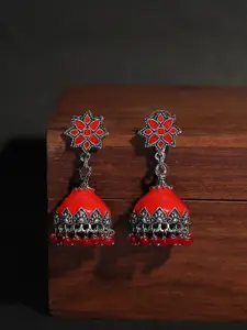 Yellow Chimes Silver-Toned & Red Classic Jhumkas Earrings