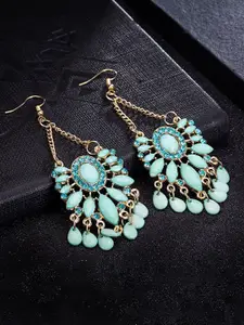 Yellow Chimes Green Stone Studded Classic Drop Earrings