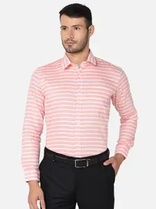 Oxemberg Men Peach-Coloured Classic Slim Fit Horizontal Stripes Striped Formal Shirt