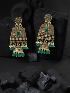 Adwitiya Collection Gold-Toned & Green Classic Jhumkas Earrings