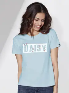 The Souled Store Women Blue & White Daisy Printed Cotton T-shirt