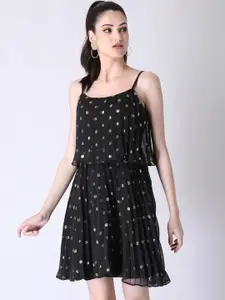 FabAlley Black Polka Dot Printed Accordion Pleats Detailed Georgette A-Line Dress