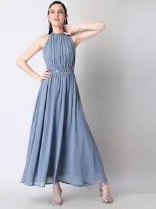 FabAlley Blue Halter Neck Embellished Georgette Maxi Dress