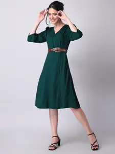 FabAlley Women Bottle Green Puff Sleeve Wrap Crepe Dress With Belt
