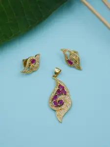 Voylla Gold-Toned & Pink Stone-Studded Pendant With Earring Set