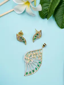Voylla Gold-Toned & Green Stone-Studded Pendant With Earring Set