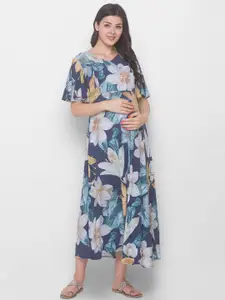 AV2 Navy Blue Floral Maternity Midi Dress