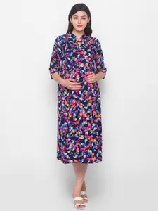 AV2 Navy Blue & Pink Floral Maternity A-line Midi Dress
