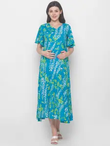 AV2 Turquoise Blue Floral Maternity Midi Dress