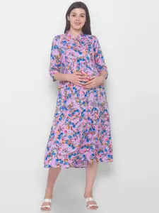 AV2 Pink & Blue Floral Maternity A-line Midi Dress