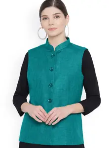 Vastraa Fusion Women Green Solid Woven Nehru Jacket