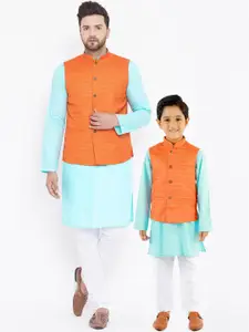 VASTRAMAY Boys Blue Kurta with Churidar & Nehru Jacket