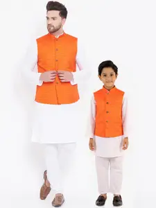 VASTRAMAY Boys White & Orange Kurta with Pyjamas & Nehru Jacket