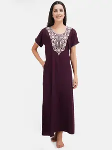 KOI SLEEPWEAR Women Purple Embroidered Maxi Night dress