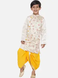 Little Bansi Boys Cream-Coloured Floral Embroidered Angrakha Kurta with Dhoti Pants