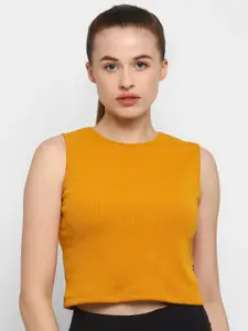OFF LIMITS Women Mustard Yellow Solid Round Neck Crop T-shirt