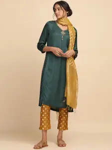 W The Folksong Collection -  Women Dark Green Ajrakh Print Kurta In Modal Satin