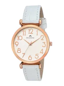 SWISSTONE Women White Brass Embellished Dial & Straps Analogue Watch CK301-RGOLD-WHT