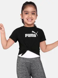 Puma Girls Black Relaxed Fit Brand Logo Print Round Neck Essentials+ Knotted Youth T-shirt