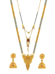 Brandsoon Set of 2 Gold-Plated Black Beaded Mangalsutra with Earrings