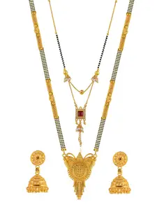 Brandsoon Set of 2 Gold-Plated Black Beaded Mangalsutra with Earrings