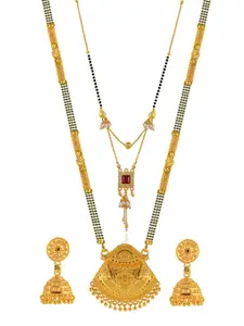 Brandsoon Set Of 2 Gold-Plated White & Red Stone-Studded & Black Beaded Mangalsutra With Earrings